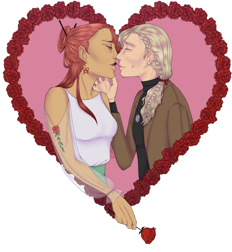 Kouyou and Verlaine from BSD. Halfbody . They are surrounded by a heart of roses and Verlaine is caressing Kouyou's cheek affectionately.